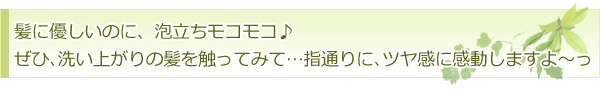 髪に優しいのに、泡立ちモコモコ♪ぜひ､洗い上がりの髪を触ってみて…指通りに､ツヤ感に感動しますよ～っ