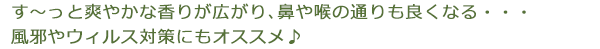 す～っと爽やかな香りが広がり、鼻や喉の通りも良くなる・・・風邪やウィルス対策にもオススメ