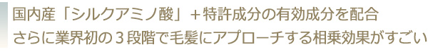 国内産「シルクアミノ酸」+特許成分の有効成分を配合さらに業界初の3段階で毛髪にアプローチする相乗効果がすごい